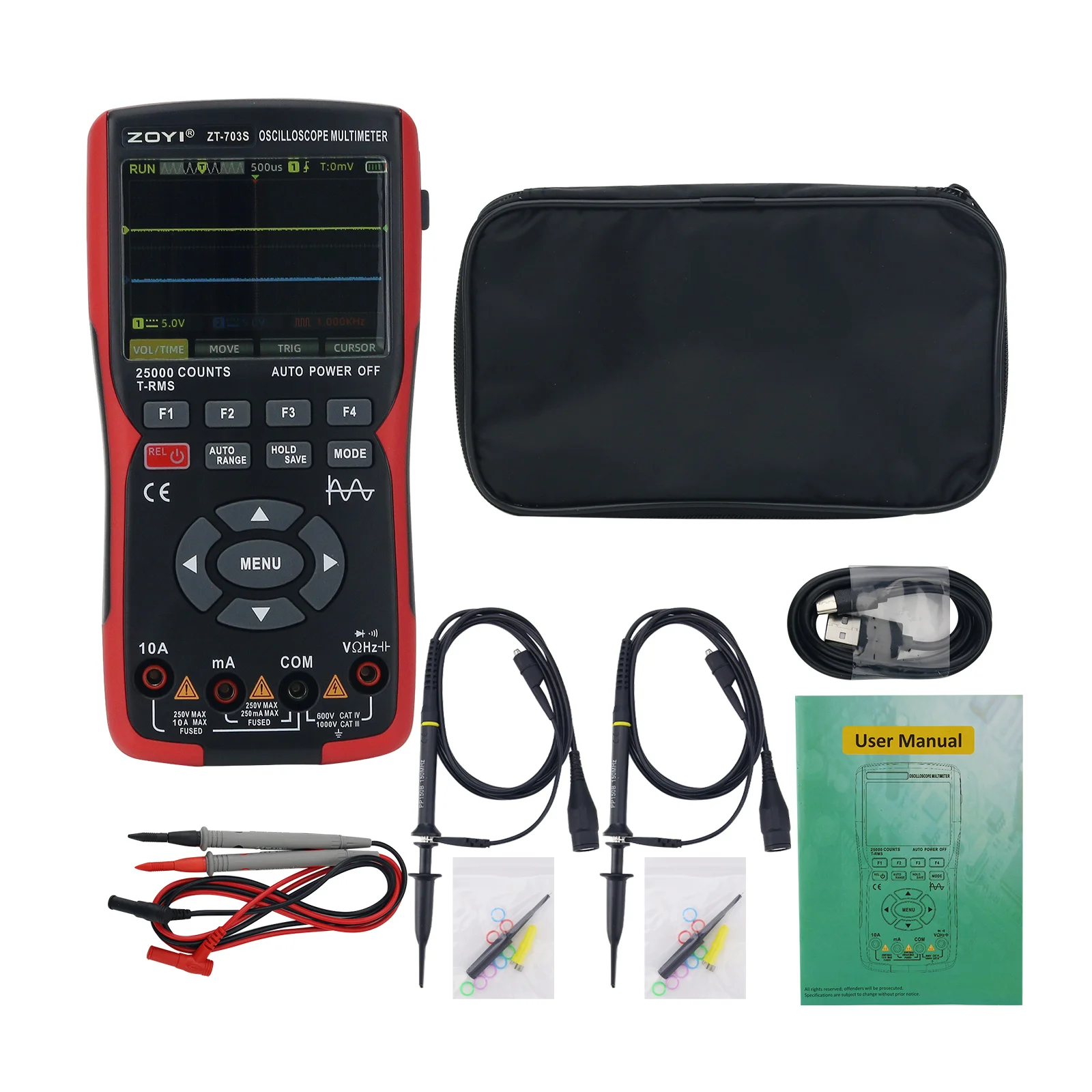 ZT-703S 50MHZ 2CH Handheld Multifunctional 3-in-1 Digital Oscilloscope High Precision Multimeter for Automobile Repair W/ Probes