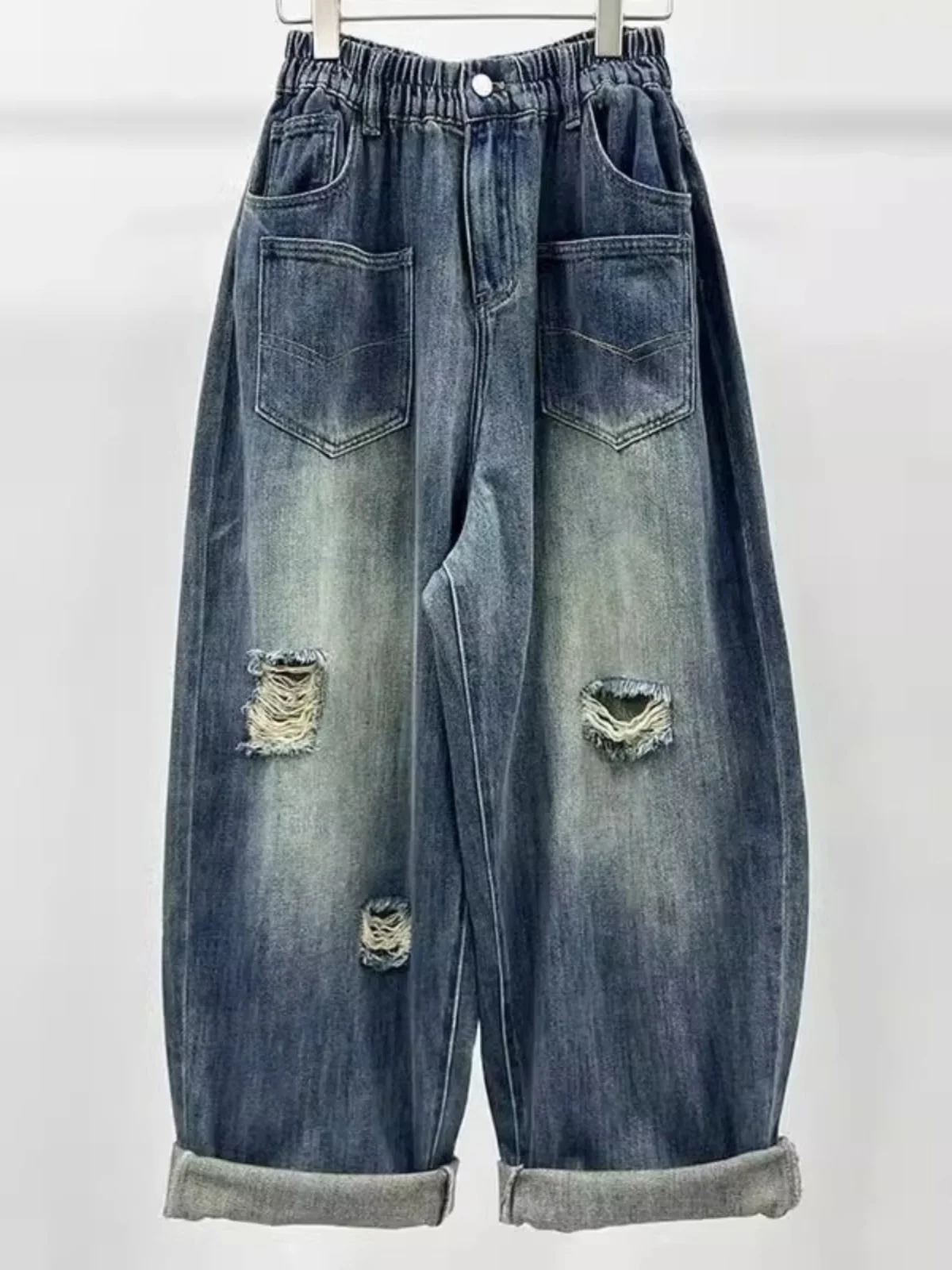 

Retro Hole Denim Jeans Men's Casual Straight Leg Wide Leg Long Pants Autumn Winter Large Size Loose Fit Trendy American Sle