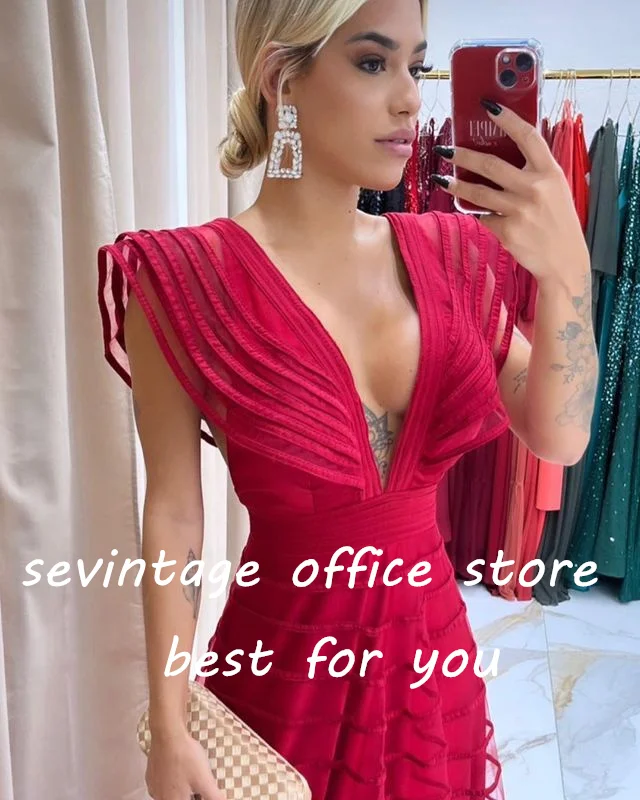 Sevintage Elegant Prom Dresses V-Neck Cap Sleeves A-Line Saudi Arabic Women Party Evening Gowns Special Occasion Dress 2023