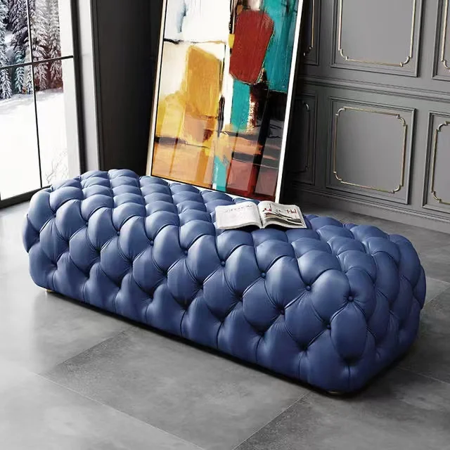 American light luxury orange leather shoe change stool cloakroom stool clothing store sofa stool bench cowhide buckle pedal