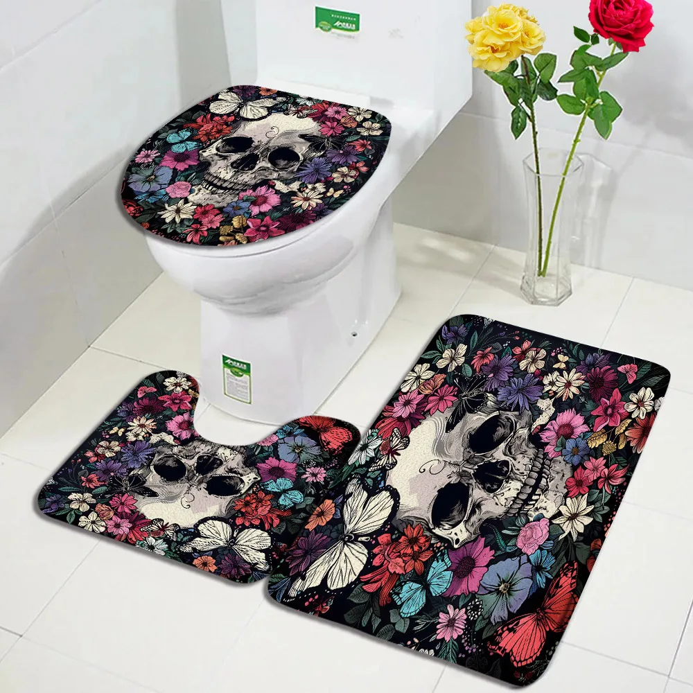 Halloween Bath Mat Set Pumpkin Lights Cute Cat Floral Skull Skeleton Home Carpet Bathroom Decorative Floor Rugs Toilet Lid Cover