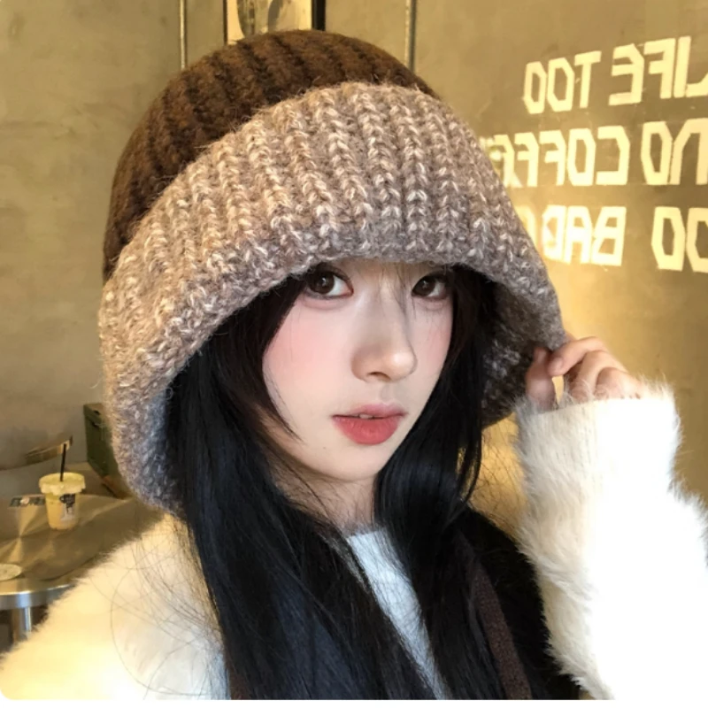 

Японский свободный пуловер с цветными блоками, вязаная шапка, женская зимняя уличная теплая ветрозащитная шапка-бомбер на шнуровке с защитой ушей