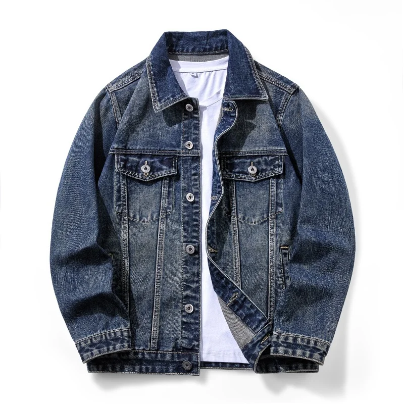 Spring and Autumn heavy weight washed denim jacket for young men vintage style worn out lapel casual workwear denim jacket
