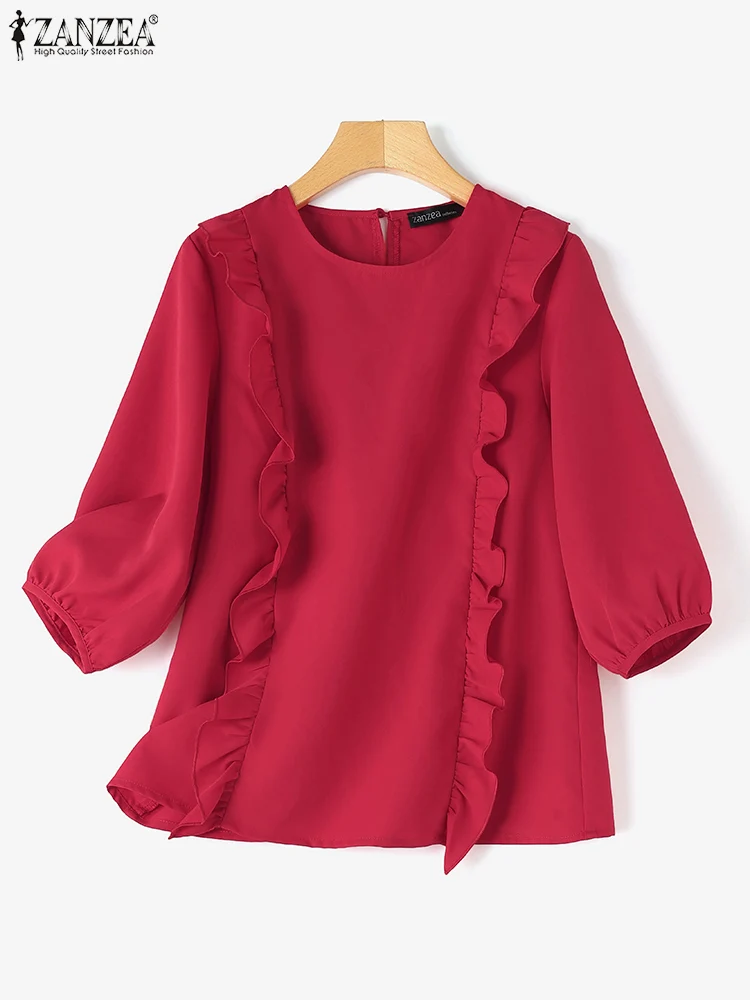 ZANZEA Women Ruffled Blouse Elegant 3/4 Lantern Sleeve Tops 2024 Summer Spring Solid Round Neck Shirt Vintage Office Lady Tunics