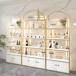 Estantes de salón personalizados, soporte de exhibición de cosméticos con gabinete y ventana de luz, estante de exhibición de cosméticos