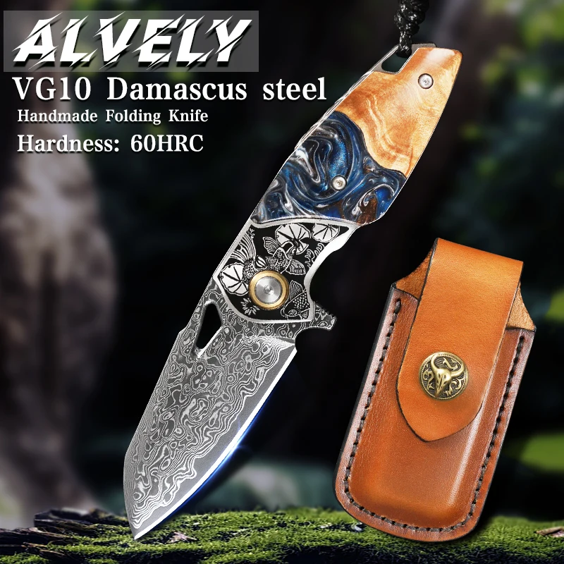 

High-Quality Damascus Steel Folding Pocket Knife, Men's EDC Knife with Leather Sheath, Camping Survival, Hunting & Exploration