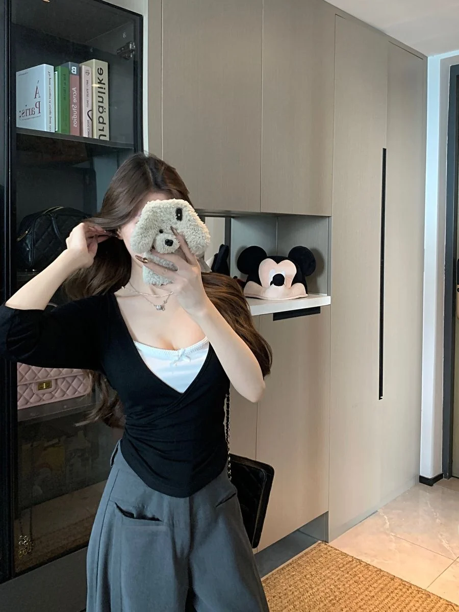 

Корейская модная длинная футболка-блузка для женщин с плиссировкой на талии, базовая модель для ношения под одеждой, осенняя новинка, для школы, работы и повседневной носки