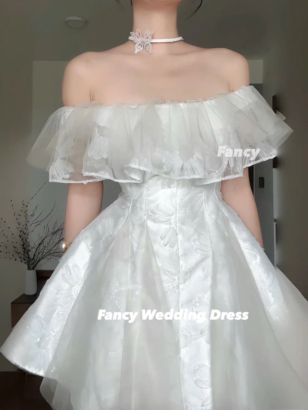 يتوهم الأميرة ألف خط كوريا فستان الزفاف صورة تبادل لاطلاق النار قبالة الكتف لينة الساتان فساتين الحفلات المسائية الظهر مشد مخصص