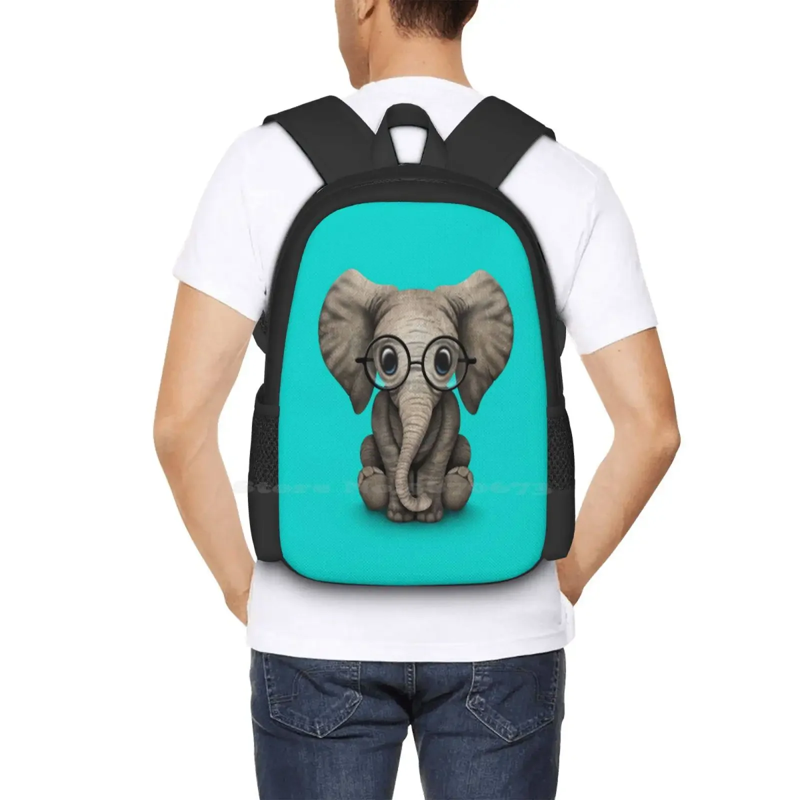 لطيف الطفل الفيل العجل مع نظارات القراءة على الأزرق سعة كبيرة حقيبة المدرسة حقائب الكمبيوتر المحمول الطفل الفيل يرتدي النظارات