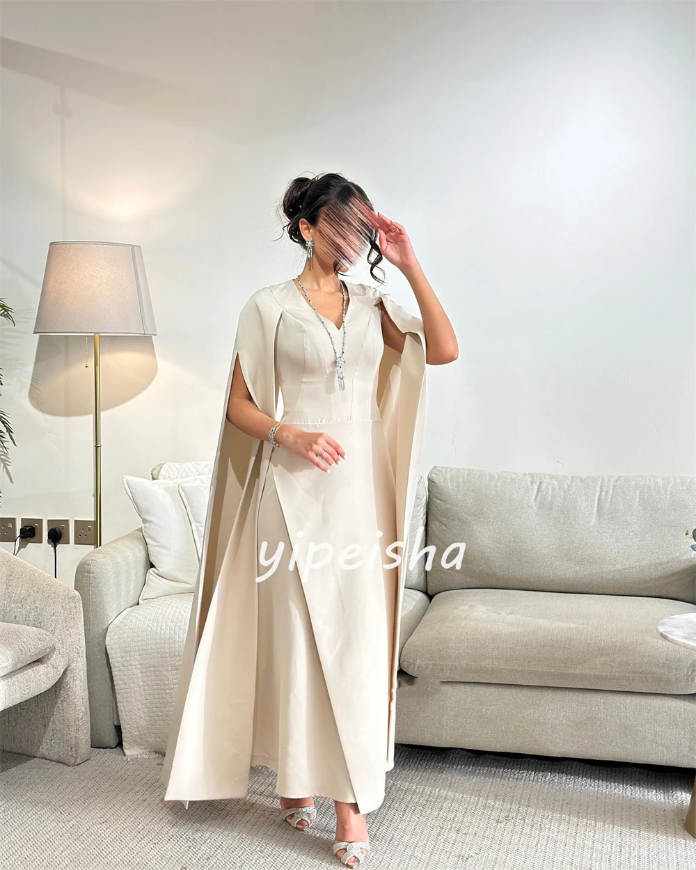 Customized High Quality Simple Jersey Pleat Ruched Draped A-line V-neck Midi Dresses Prom Dresses Modern Style Matching Fashion