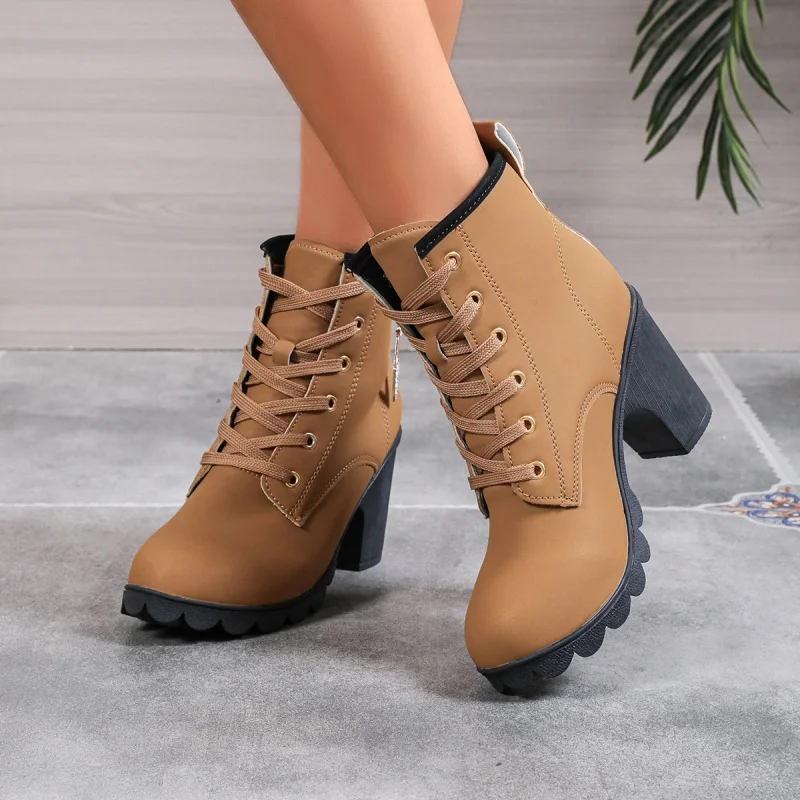 Botas de tacón alto para mujer, botines cortos con tiras cruzadas, cómodos e impermeables, talla grande 42, invierno, 2024