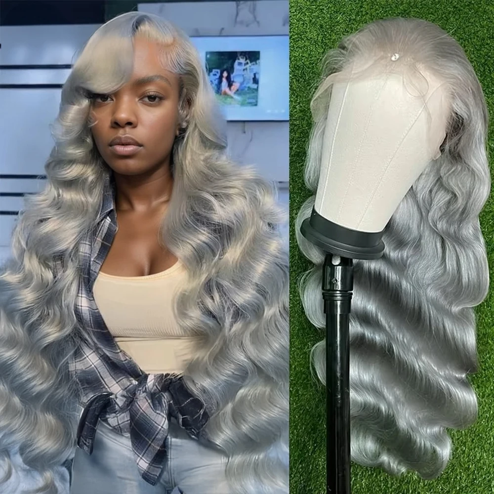 

Snwprin 190 Плотность 13x6 Серебристо-серый Цвет Объемная волна Парики фронта шнурка Человеческие волосы Бразильский парик фронта шнурка 13x4 100% человеческие волосы