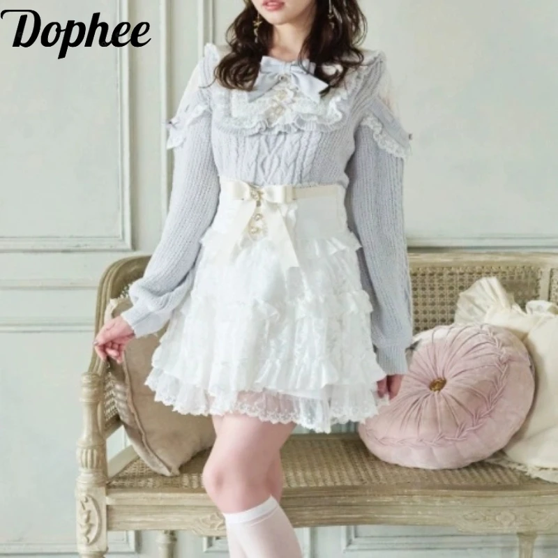 Dophee Japan Style Cute Bow High Waist Cake Skirt Elegant Fairy Lace Splicing Ruffles Short A-line Skirts Lolita School Girl