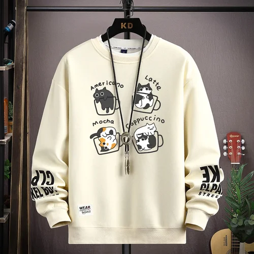 Imagen 2 del producto Sudadera de primavera para hombre, camiseta de manga larga con estampado de gatos de dibujos animados japoneses, ropa de moda para hombre, Top Harajuku de color caqui con cuello redondo, novedad de 2024