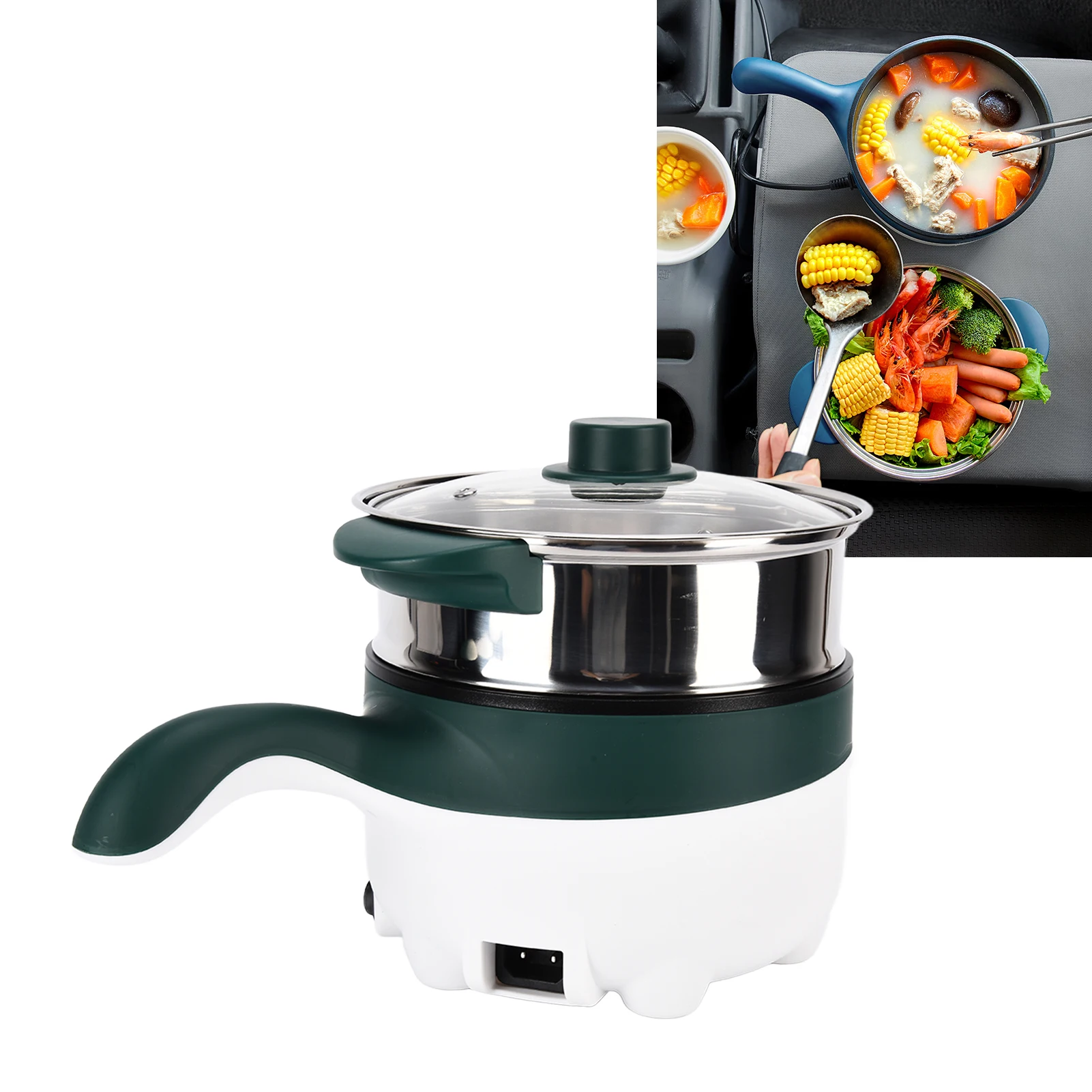 2L 12V Multifunctional Electric Hot Pot Stainless Steel Anti Dry Food Steamer for Car Home Kitchen