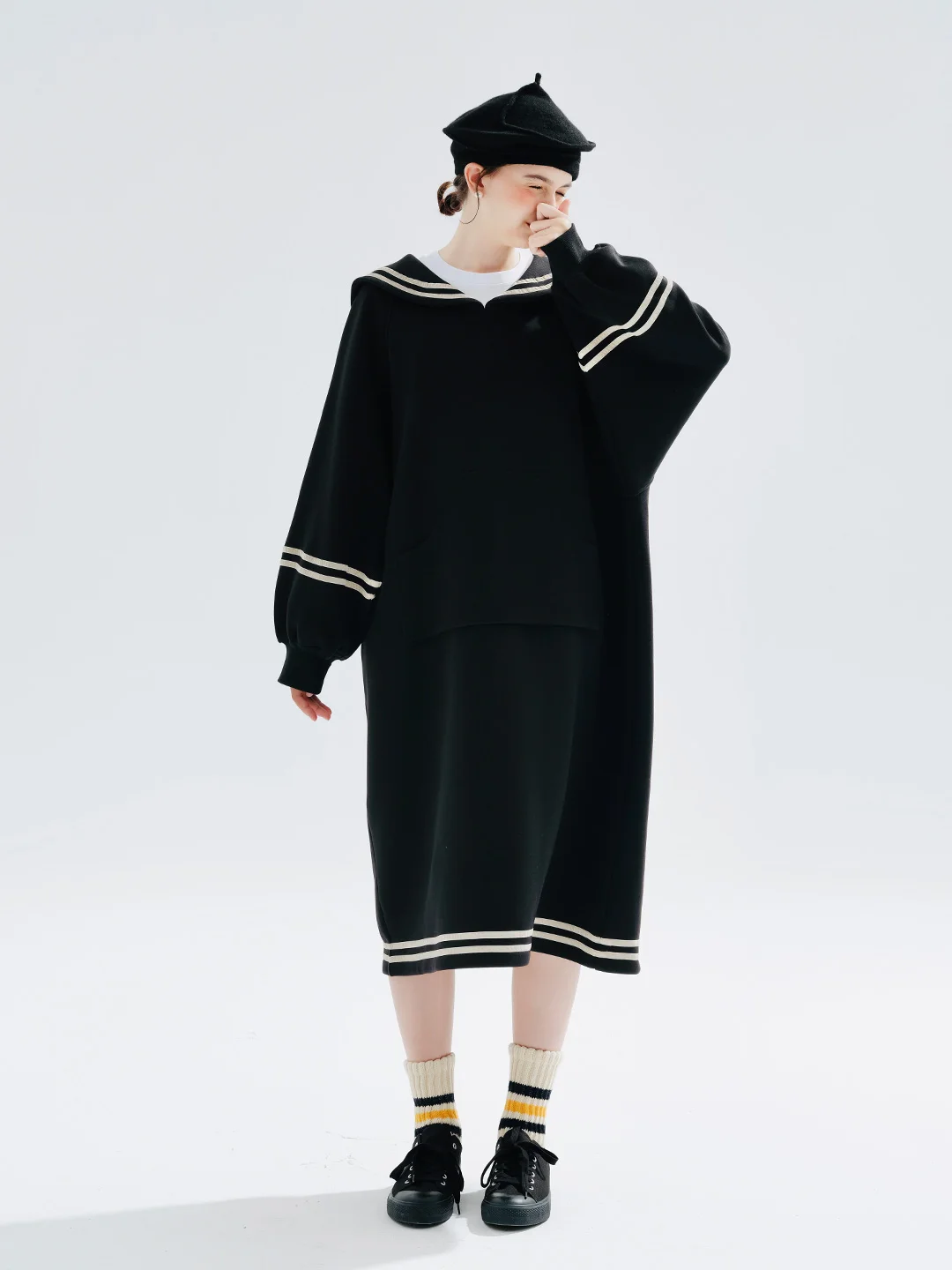 imakokoni 2023 autumn new original cotton navy collar long sleeve black hoodie dress 234271