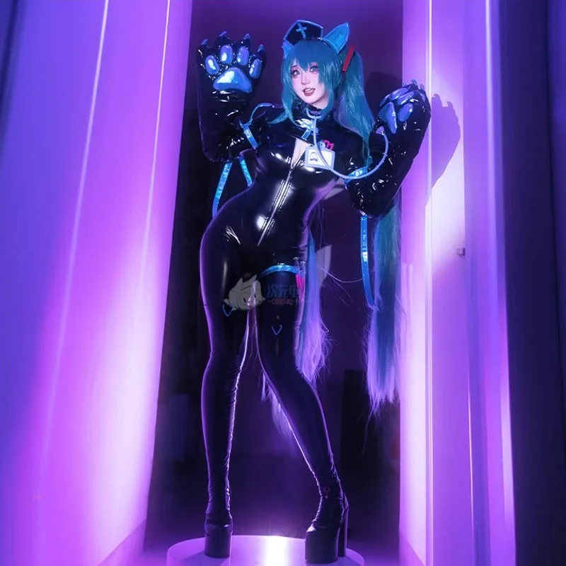 Anime Miku Cosplay Trajes para Mulheres, Bodysuit de Couro Sexy, Garras Terno, Bonito Uniforme Enfermeira, Halloween Carnaval Party Clothing, Kawaii