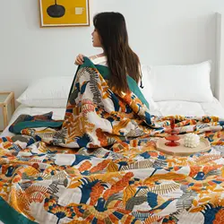 Birds And Flowers Summer Double Cotton Muslin Gauze Blanket Air Conditioner Cool Towelling Coverlet Quilt Bedspreads On The Beds