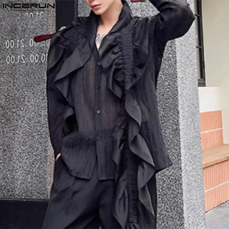 

INCERUN Men Shirt Hollow Out Ruffle Belt Patchwork V Neck Long Sleeve Casual Men Clothing Transparent Streetwear Fashion Camisas