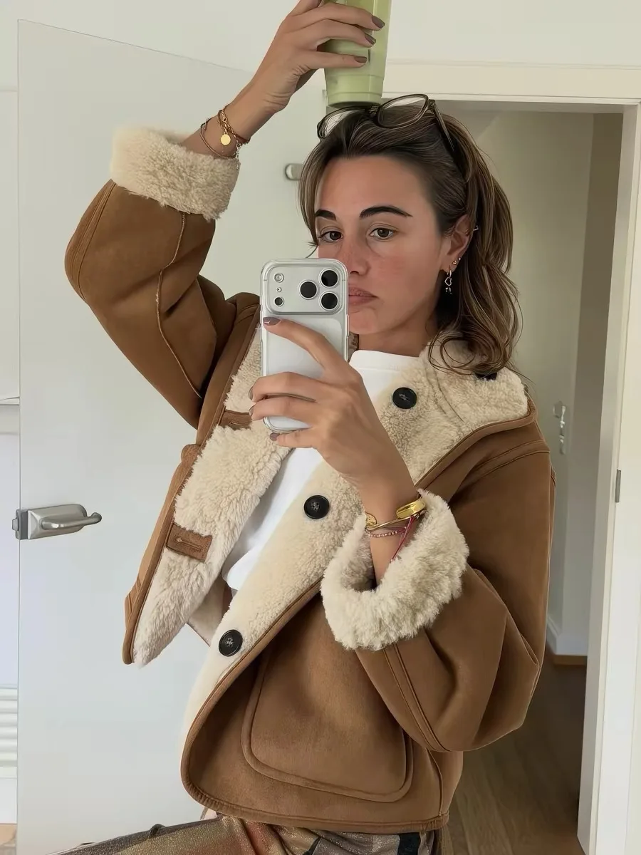 Suninbox Shearling Reversible Winter Coat Double-Faced Sheepskin Jacket Single-Breasted Warm Oversized Outwear for Women