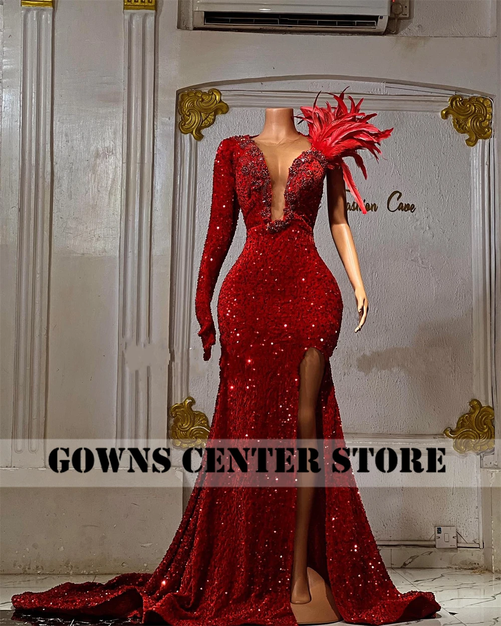 Elegant African Red Gloves One Shoulder Mermaid Aso Ebi Evening Dresses Customized Wedding Reception Dress Formal Party Gown