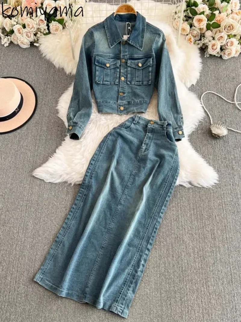 Denim 2 Piece Sets Laple Neck Long Sleeve Single Breasted Shirts Jacket+high Waist Hip Split Skirts Autumn 2024women Suit