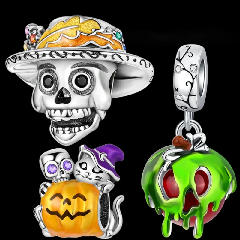 New Halloween 925 Silver Pumpkin Skull Head Witch Charms Beads For Original Pandora Bracelet For Women Jewelry Making Gift