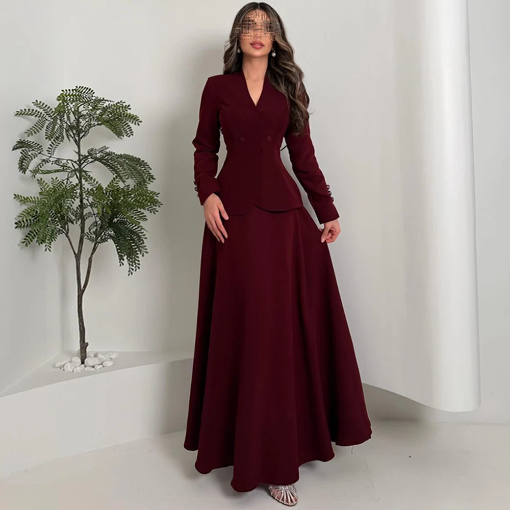 

Exquisite V-Neck Jersey Evening Dress Elegant Long Sleeves Customized Party Dresses Delicate Buttons Special Occasion Gowns