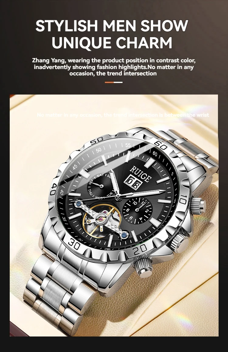 RUIGE Modische Trend-Herrenuhr mit Drei-Zifferblatt-Sechs-Zeiger-Edelstahlarmband, Automatische Mechanische Uhr – Detail 3