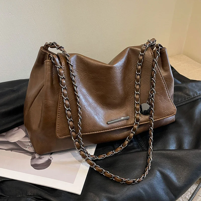 

Вместительная ретро-сумка через плечо с цепочкой, универсальная городская сумка, сумка-тоут на одно плечо с мягкой ручкой, для повседневного использования, из полиуретана