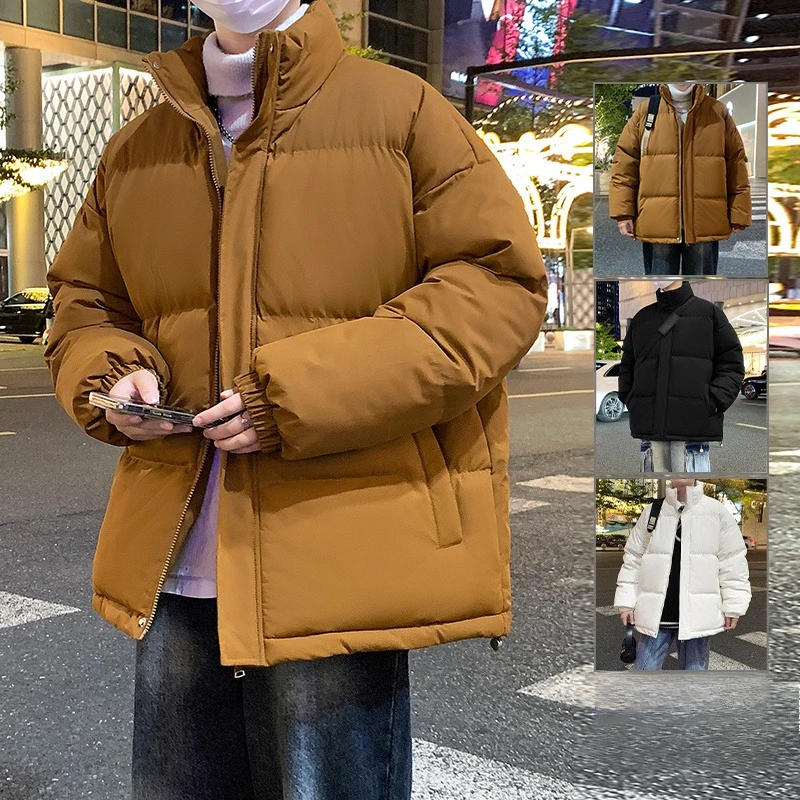 

Korean Puffer Jacket Men Autumn Winter Loose Bread Coat Man Stand Collar Streetwear Solid Color Short Coats Male Fashion Parkas