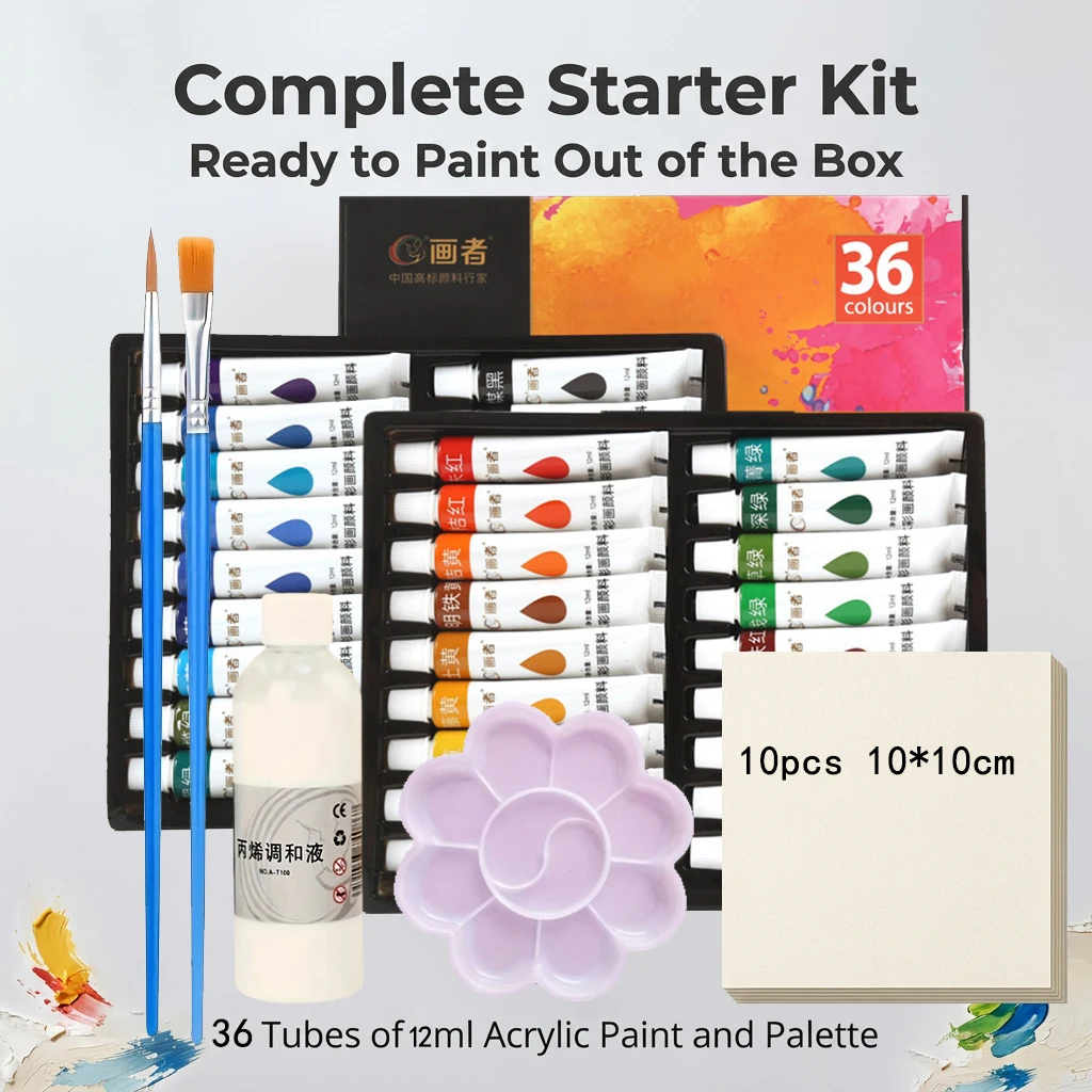 12/18/36 Colors 12ml Watercolor Paint Set with Palette 10 Sheets Watercolor Paper Acrylic Blending Liquid 2 Oil Painting Brushes