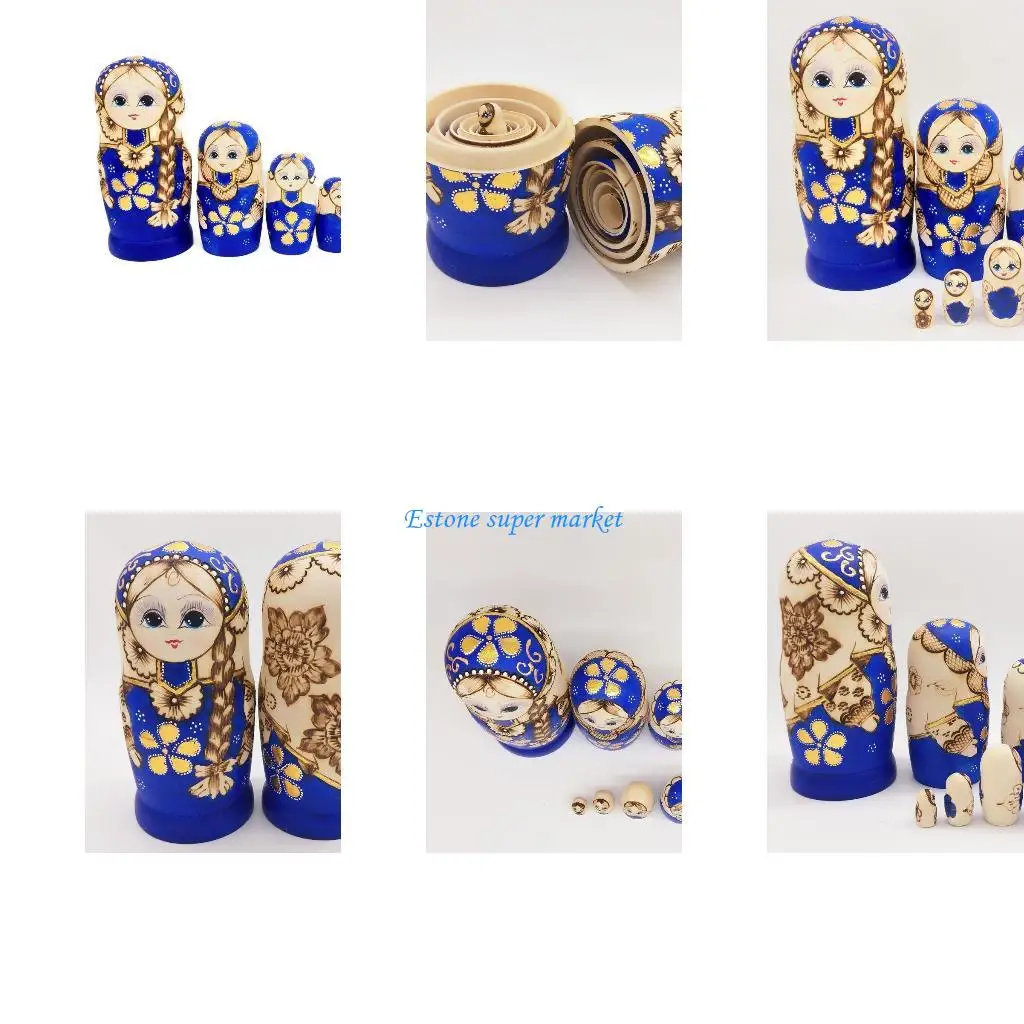 090B 7 stks Blauwe Russische Nesting Dolls Houten Matryoshka Speelgoed voor Kinderen Kids Gift