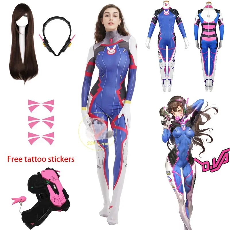 Dva Cosplay Costume Bodysuit Zenti Game Women Sexy Adult Jumpsuits Dva Wig Toy Gun Earphone Halloween Party Costumes Clothing