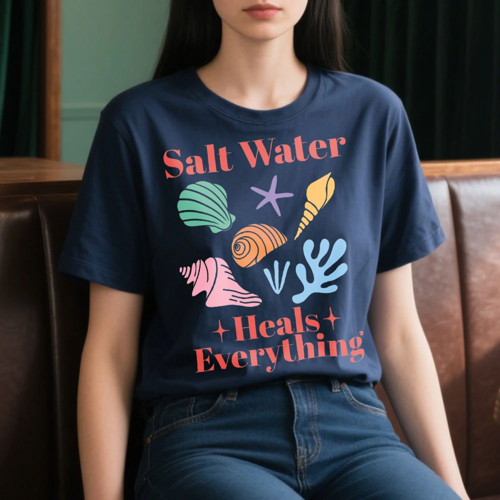 Salt Water Heals Everything T-Shirt Beach Summer Casual Clothing Shell Graphic Printed Tshirt Conch Lover Gift Tee Women Tops
