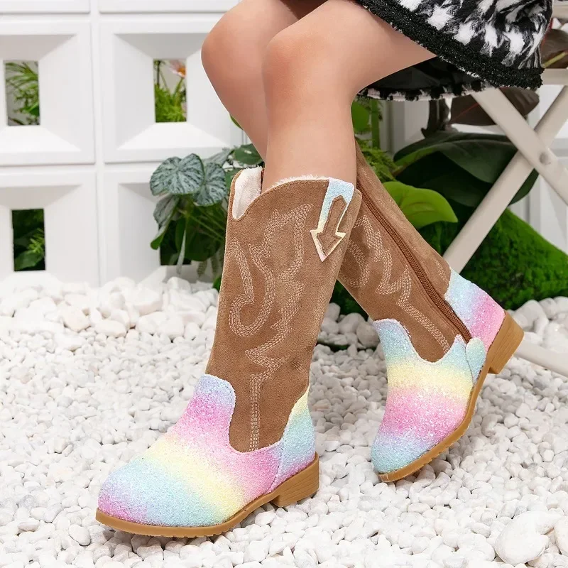 Girls Princess Riding Boots Fashion Winter Children's Boots Sequins Luxury Kids Glitter Cotton Boots Fashion Catwalk Versatile