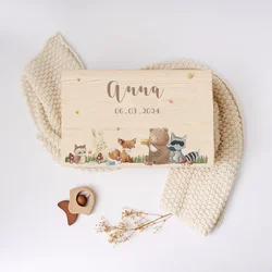 Gepersonaliseerde Baby Keepsake Memory Box Schattig Dierenpatroon Houten Box Pasgeboren Baby Cadeau Idee voor een doop of geboorte