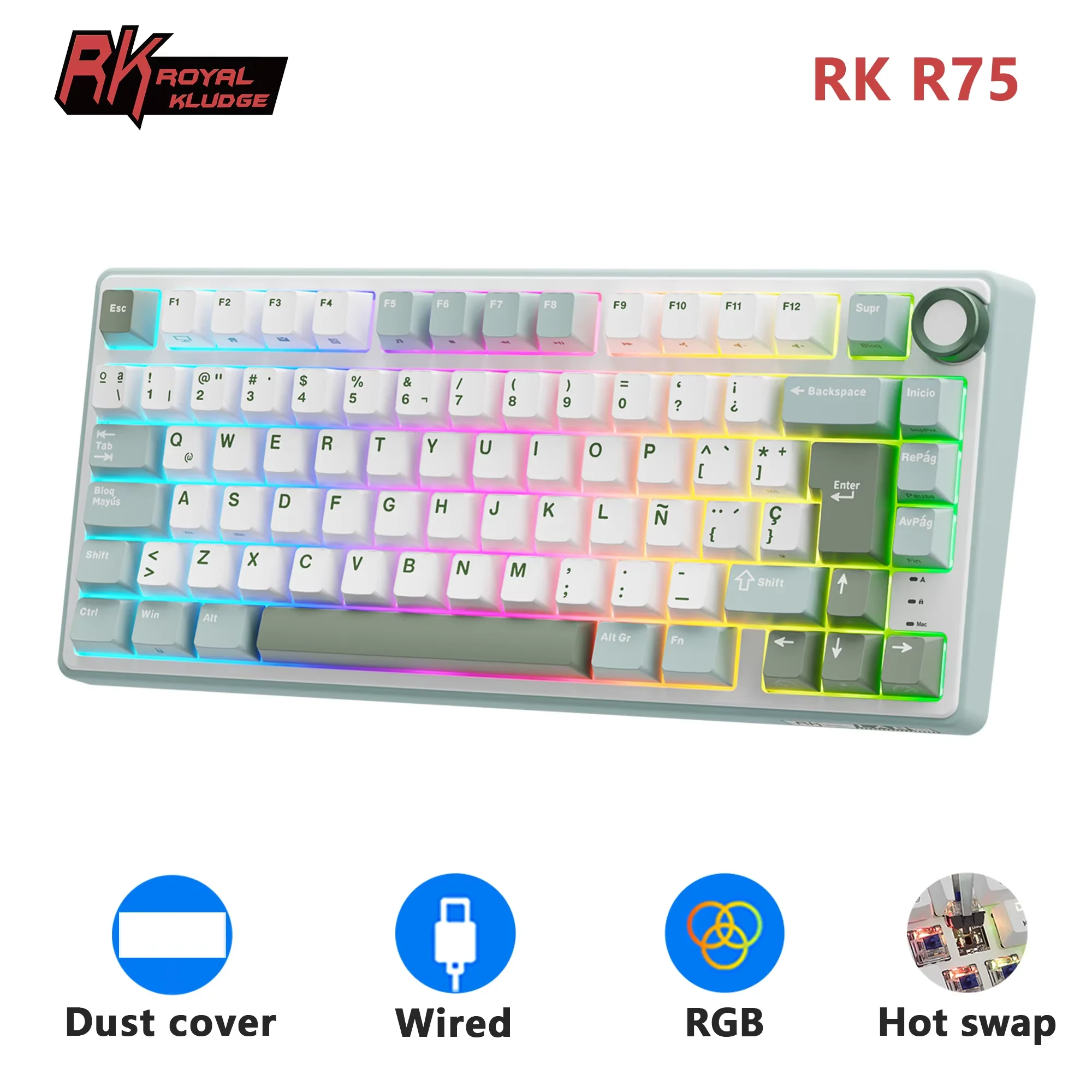 Teclado Mecánico RK Royal Kludge R75 con Cable, 80 Teclas, Retroiluminación RGB, Intercambiable en Caliente, Teclado Gamer Español, Teclas MDA PBT