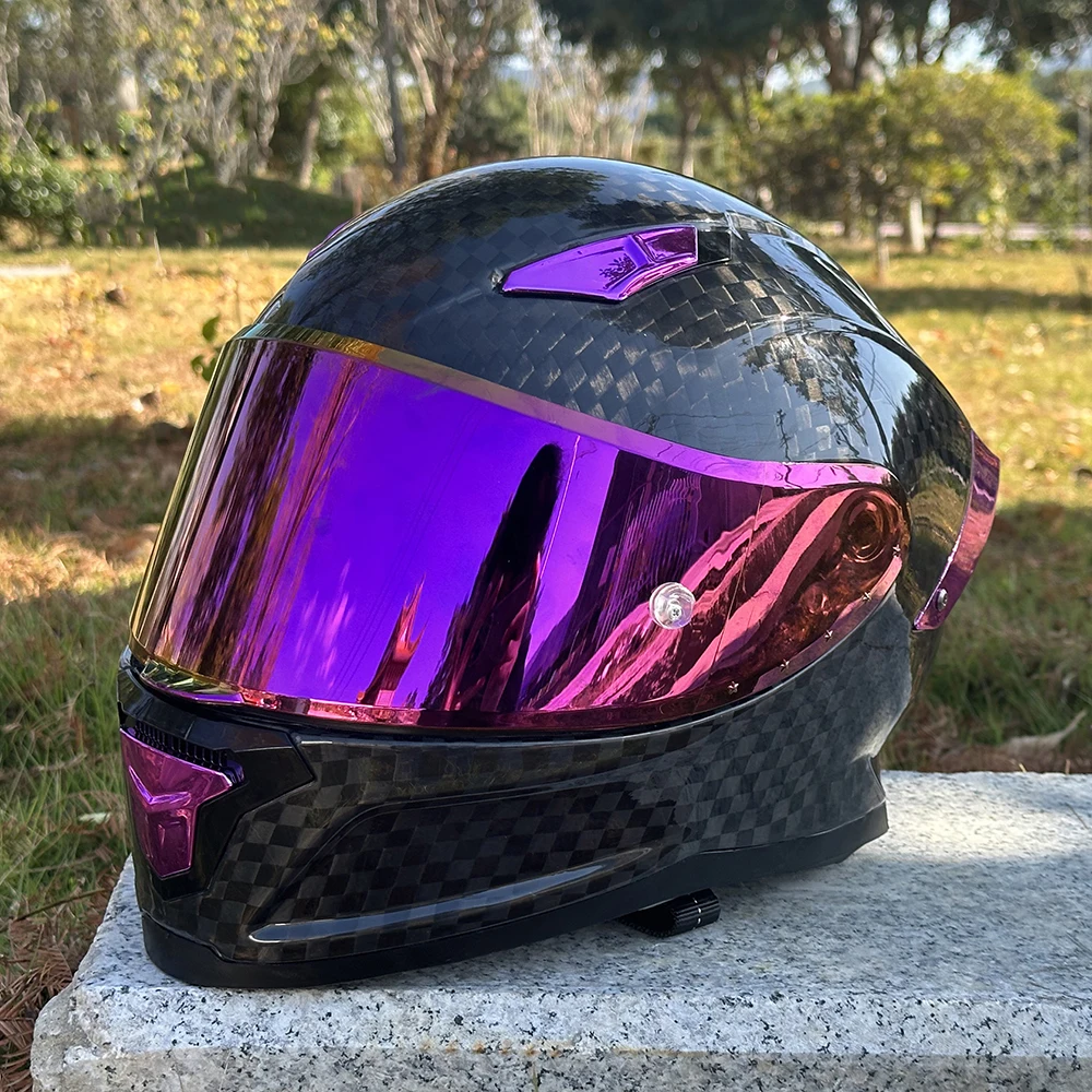 Carbon Fiber Helmet with 12K Textured Dark Pattern, Stylish and Fashionable Glossy Rose Red Color Contrast, Lightweight Carbon Fiber Material Motorcycle Helmet for Men, Large Size Full-Face Helmet with Large Rear Wing, Paired with Red Visor, Removable Inner Lining, Unisex, Suitable for All Seasons