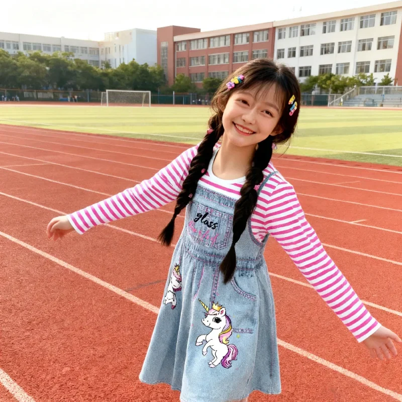 

2025 Pink Striped Long-sleeved Unicorn Pattern Printed Denim Skirt - Children's Cute Casual Dress