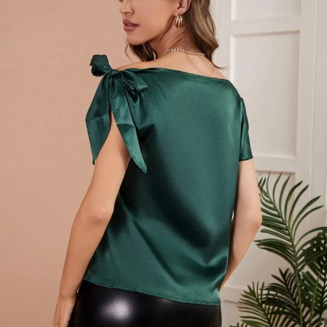 Women Off Shoulder Sleeveless Satin Blouse Slim Fit Solid Color Bow Custom Crop Top Custom T-Shirt For Women Wrinkle Resistant - view 2