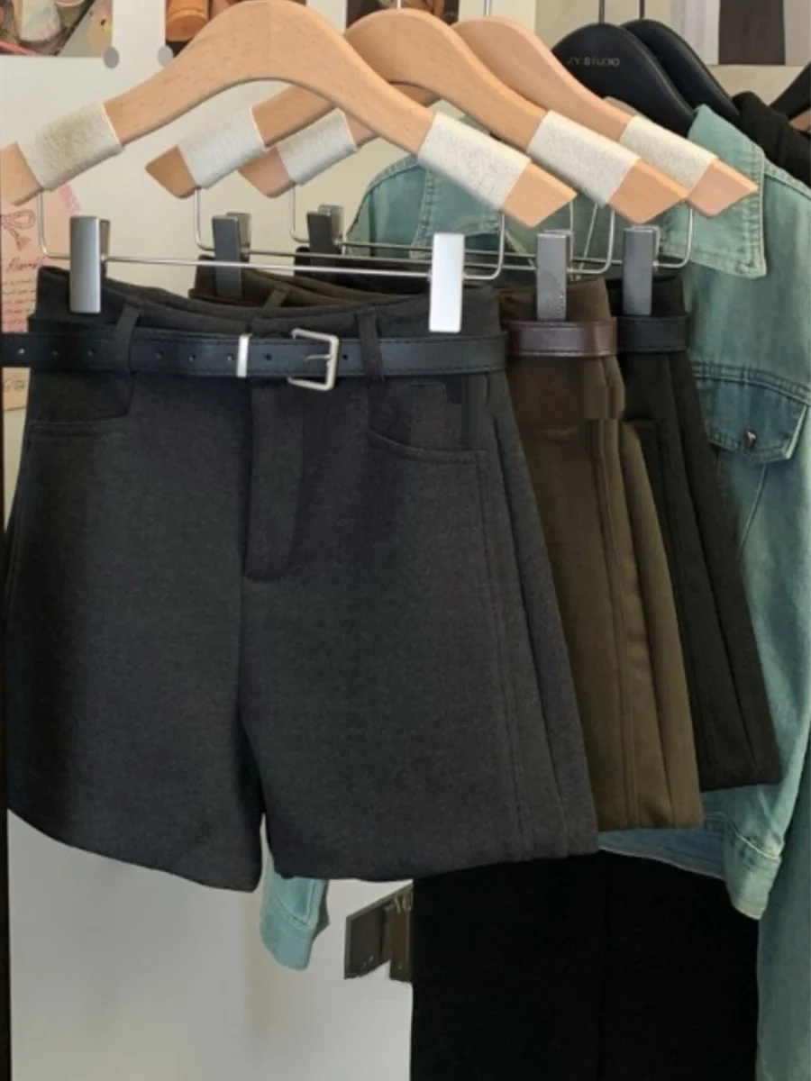 

Korean Style High Waist Wide Leg Woolen Casual Pants Women's Autumn Outerwear Shorts Pure Color Loose Fashionable Commute Wind
