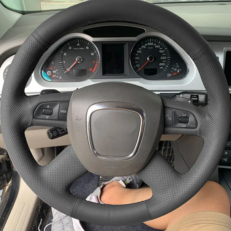 Hand Sewing Car Steering Wheel Leather Cover For Audi 4-Spoke with button A3 8P Hatchback A4 B8 A5 8T A6 C6 A8 D3 Q5 8R Q7 4L
