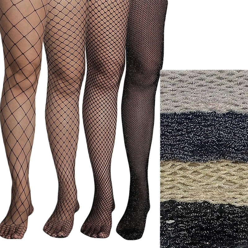 Summer Women Fashion Gold Glitter Silver Glitter Fishnet Carnival Tights Mid-rised Black Nude Color Mini Small Medium Big Hole