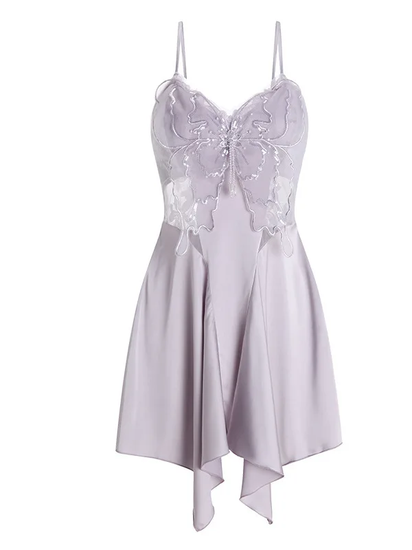 Sexy Deep V Detachable Chest Cushion Pure Desire Butterfly Perspective Open Back Dress Women\'s Irregular Comfort Dress 0UGR