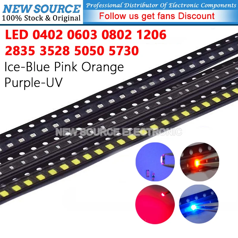 (100pcs) 3528 0402 0603 0802 1206 2835 5050 5730 SMD LED Light Emitting Diode  Ice-Blue Pink Orange Purple-UV LED