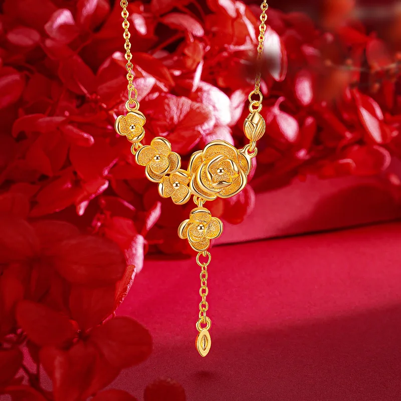 

9999 Real Gold 24K Niche Design High-end Rose Set Chain Flower Collarbone Set Chain Women's Necklace