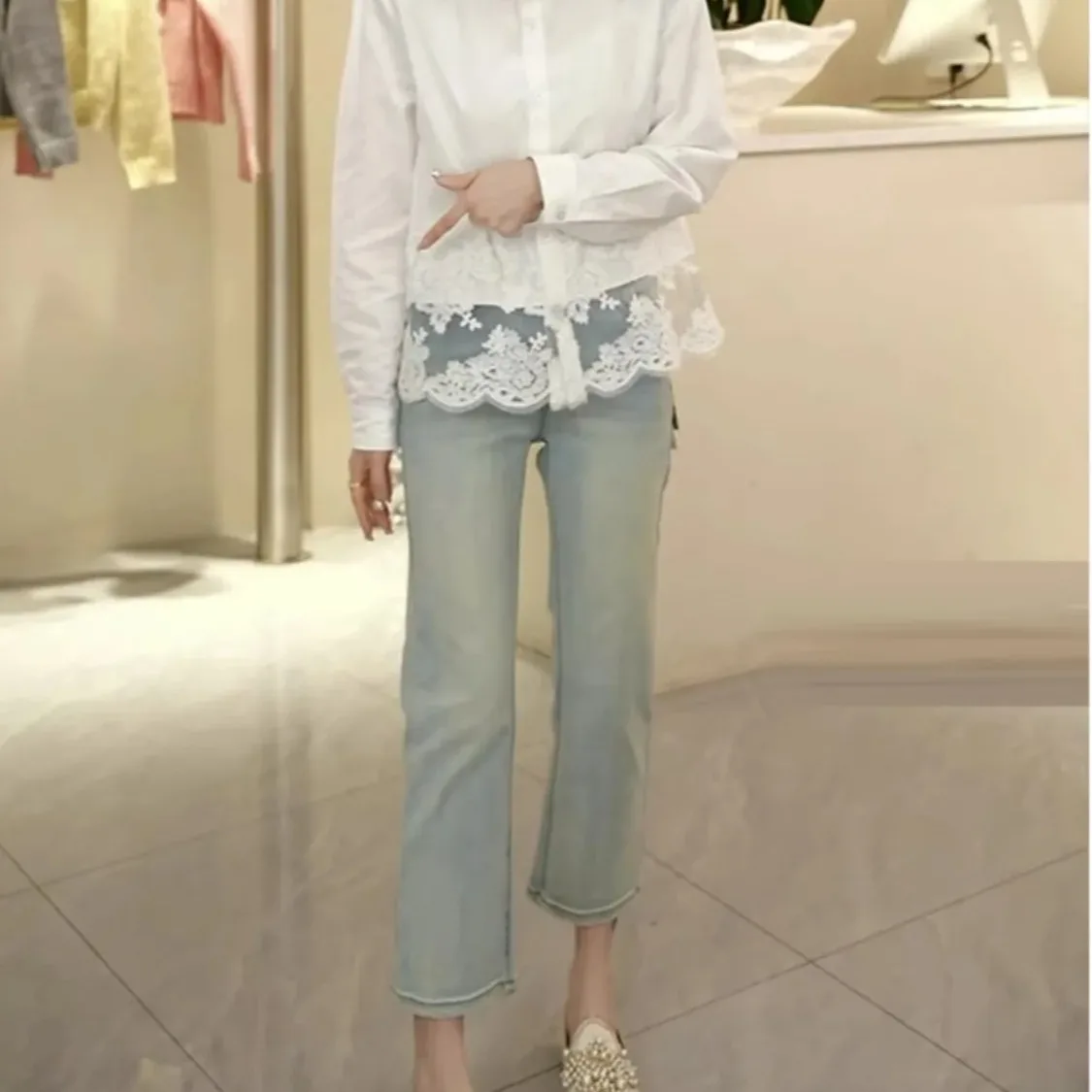 엘리 화이트 레이스 이트 홀로우 아웃 스플라이스 봄 가을 여성용 패션 칼라 롱 슬리브 이너웨어 레이어드 탑