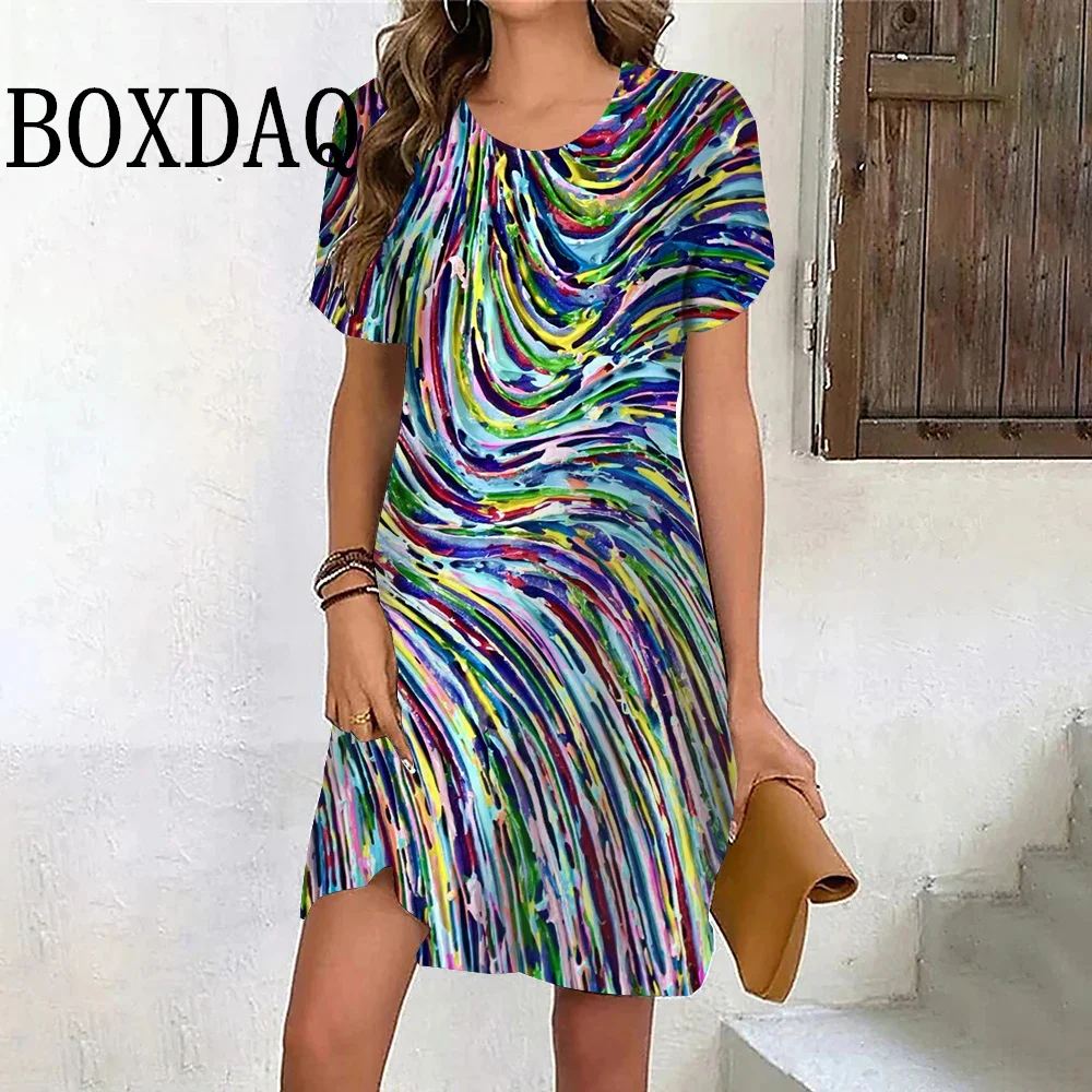 2024 Fashion Dress Summer Women Colorful Striped Short Sleeve Dress Streetwear Casual Loose Ladies New Sundress Print Mini Dress