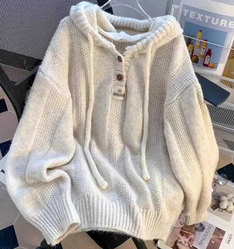 

Chic Solid Hooded Sweater Women Autumn Winter New Long Sleeves Loose Warm Knitted Hoodies Fashion All-matched Soft Female Tops